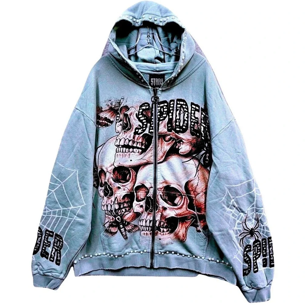 Stray Web Crawler‎ Skull Full Zip Hoodie Mens 2XL Green Spider Y2K Pearls NWT